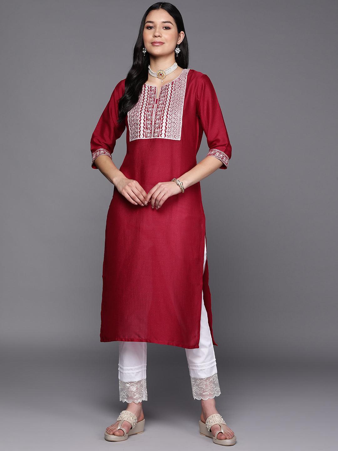 Fuchsia Yoke Design Silk Straight Kurta - ShopLibas 