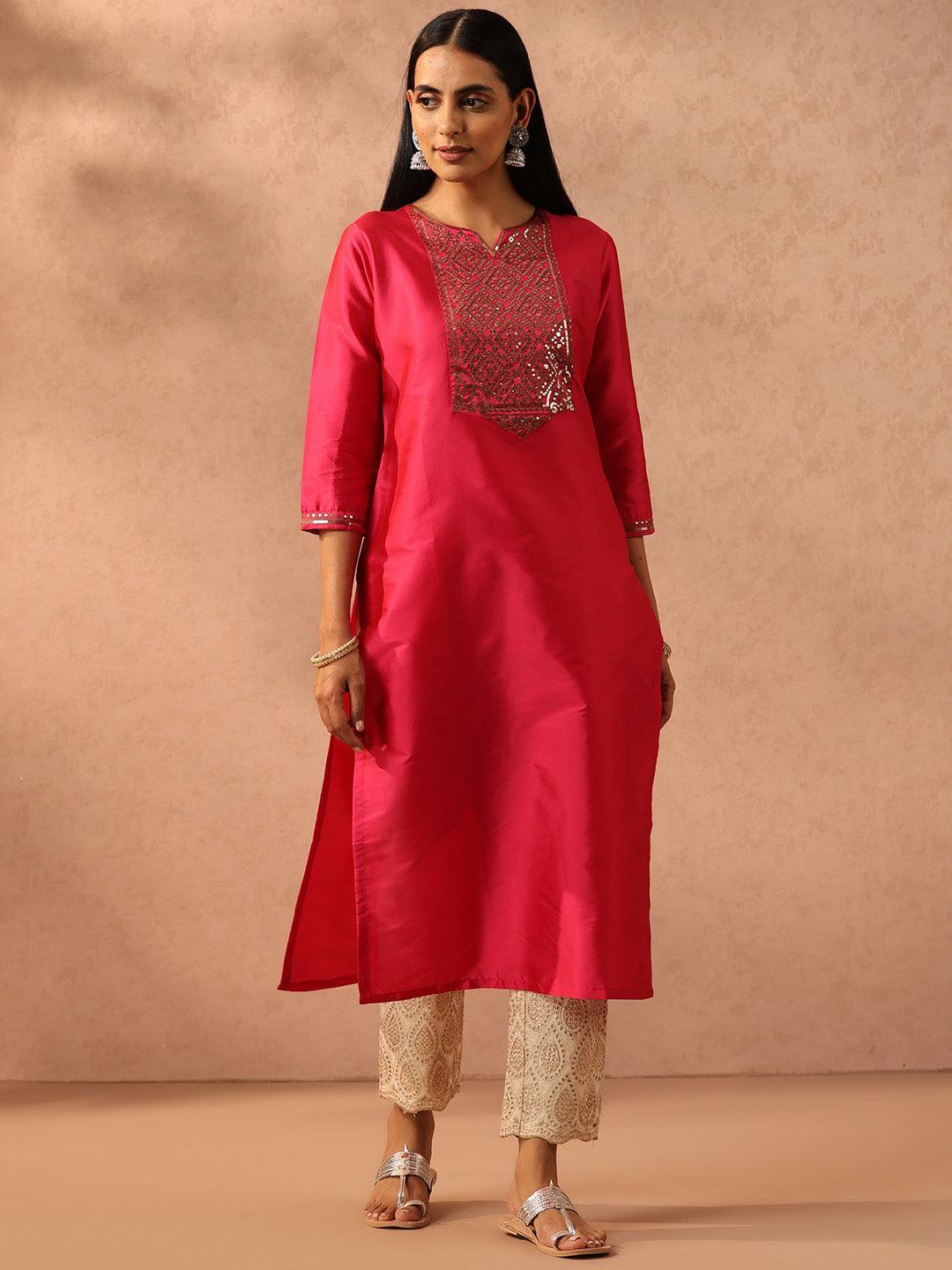 Fuchsia Yoke Design Silk Straight Kurta - ShopLibas