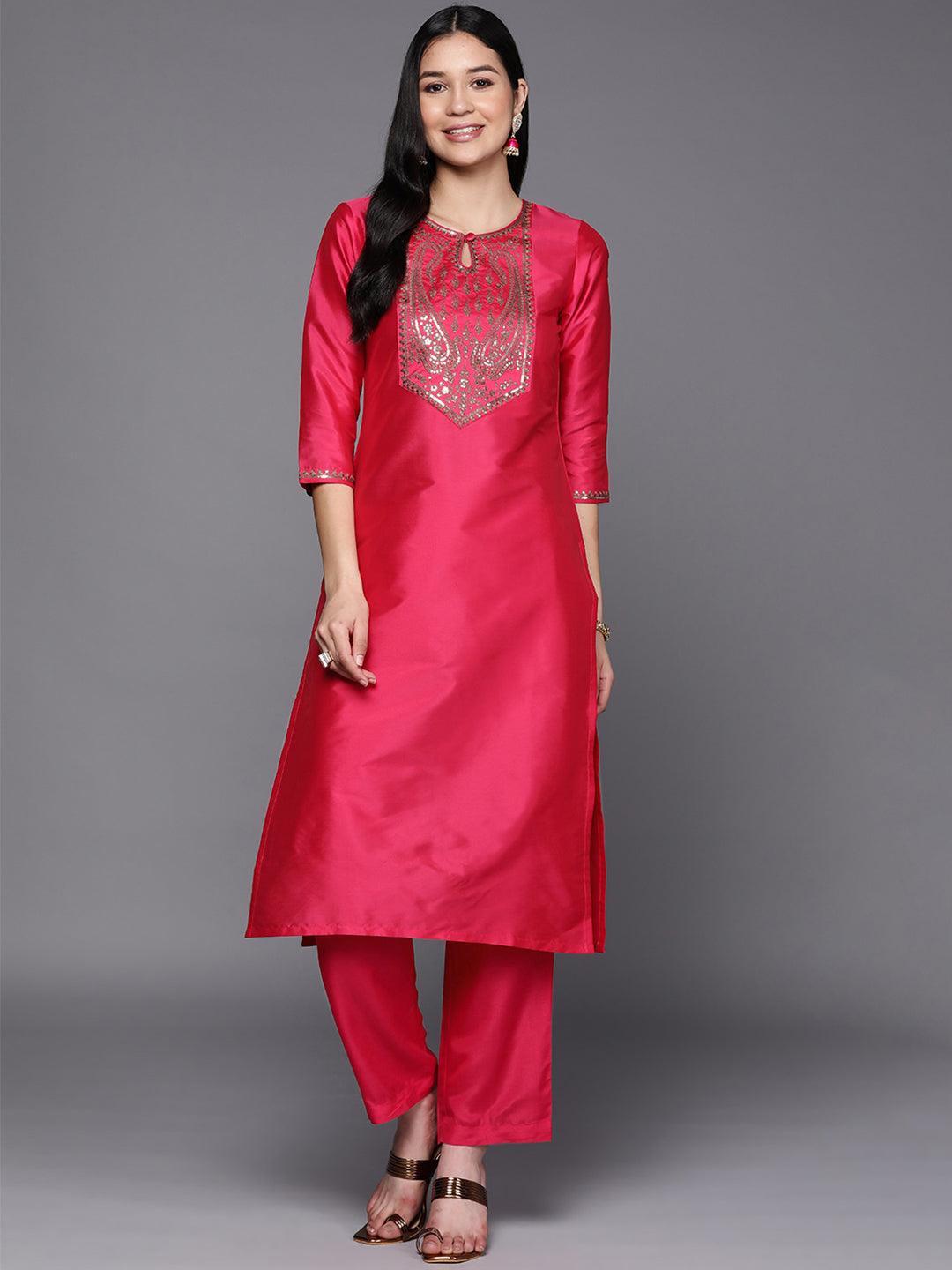 Fuchsia Yoke Design Silk Straight Kurta - ShopLibas