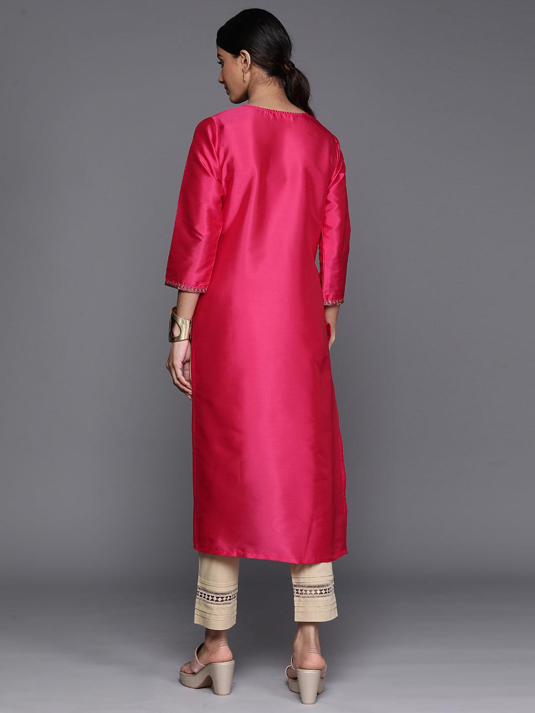 Fuchsia Yoke Design Silk Straight Kurta - Libas 