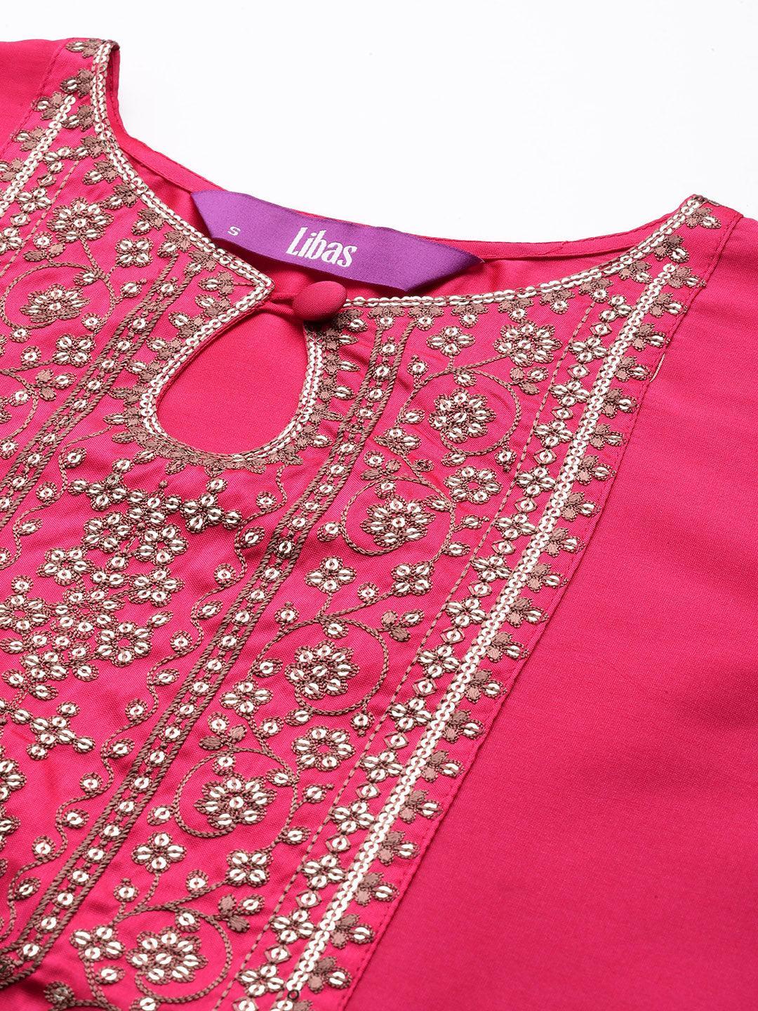 Fuchsia Yoke Design Silk Straight Kurta - Libas 
