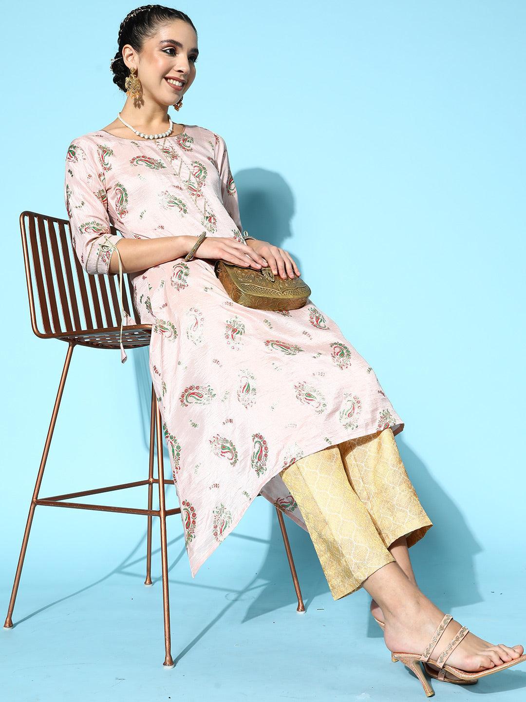 Gold Self Design Jacquard Trousers - ShopLibas 