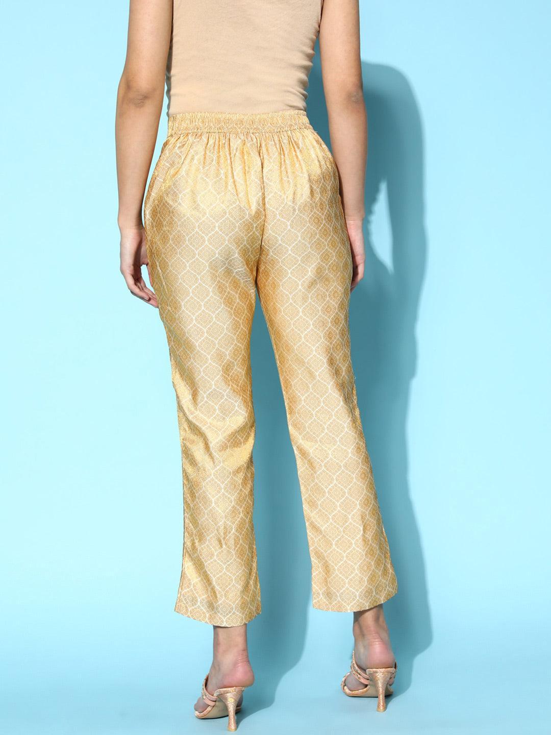 Gold Self Design Jacquard Trousers - ShopLibas 