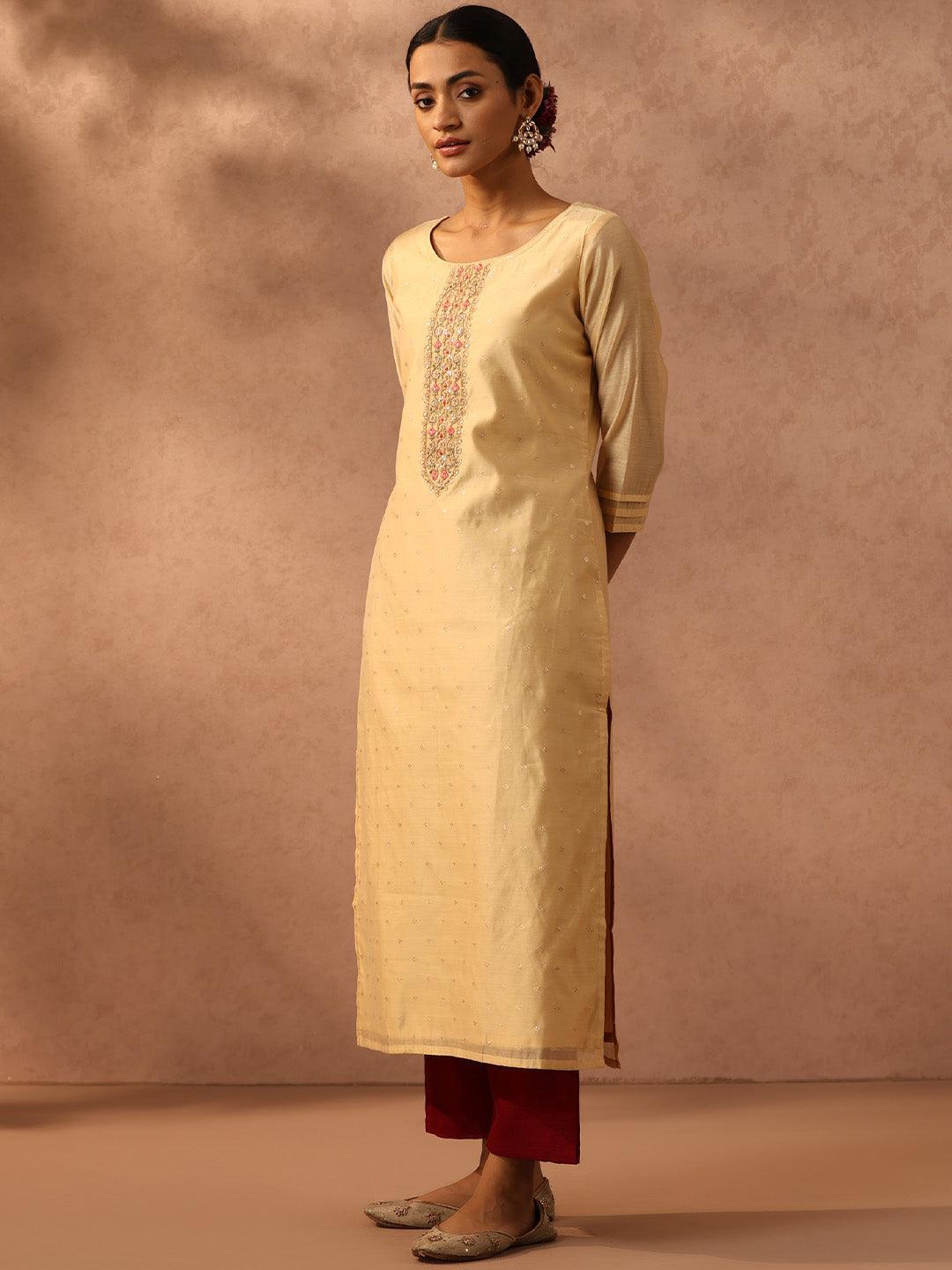Gold Embroidered Chanderi Silk Straight Kurta - Libas 