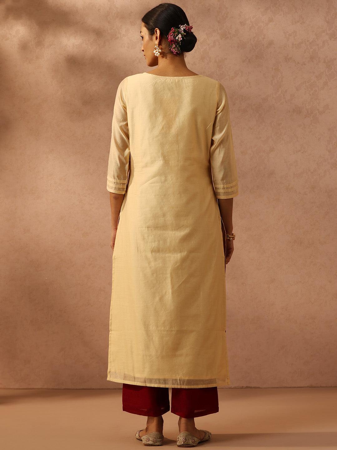 Gold Embroidered Chanderi Silk Straight Kurta - Libas 