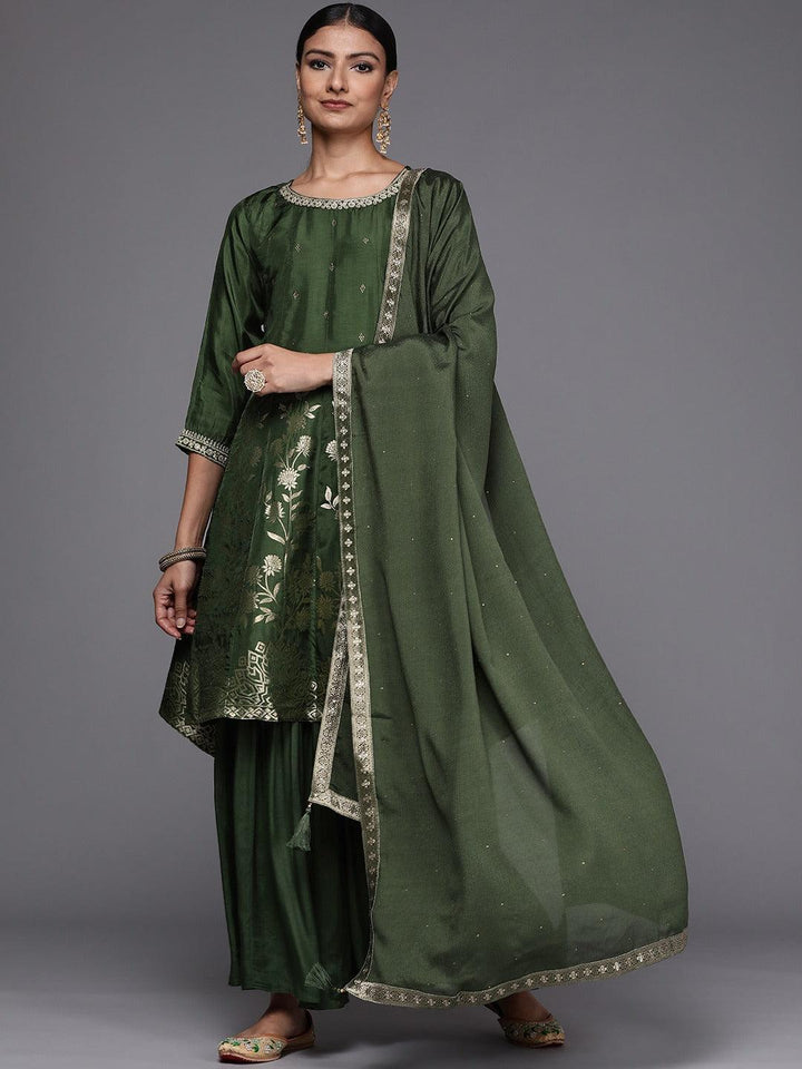 Green Brocade Silk Blend A-Line Suit Set - ShopLibas