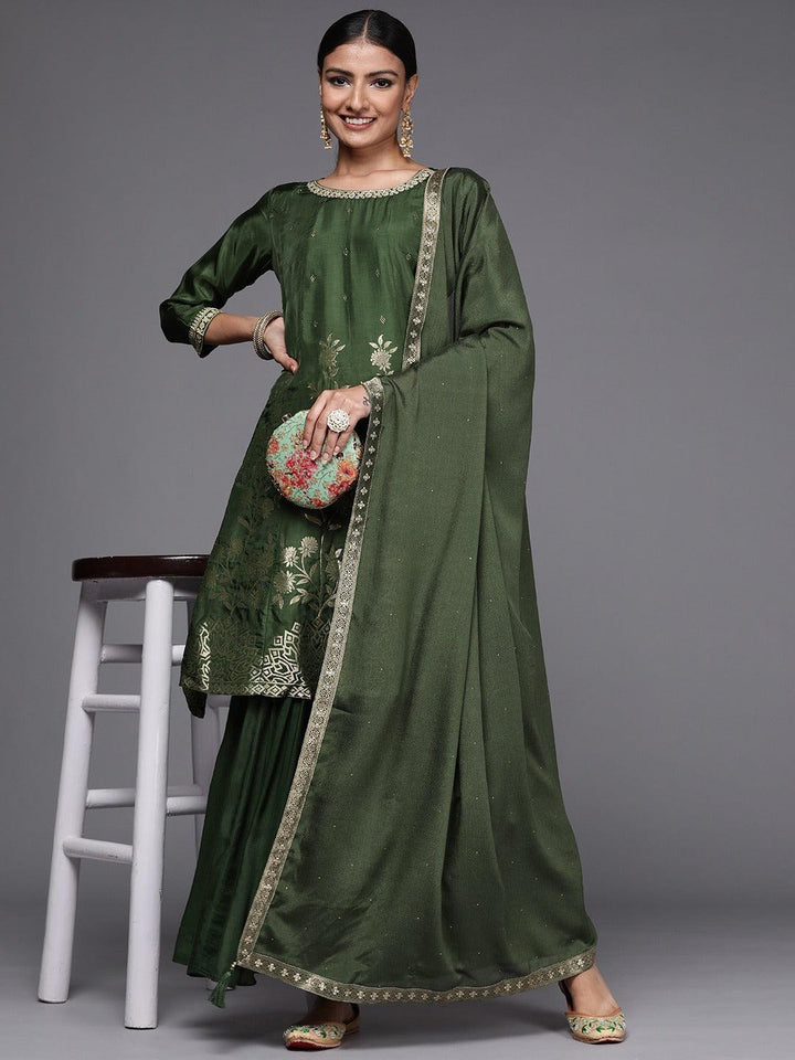 Green Brocade Silk Blend A-Line Suit Set - ShopLibas