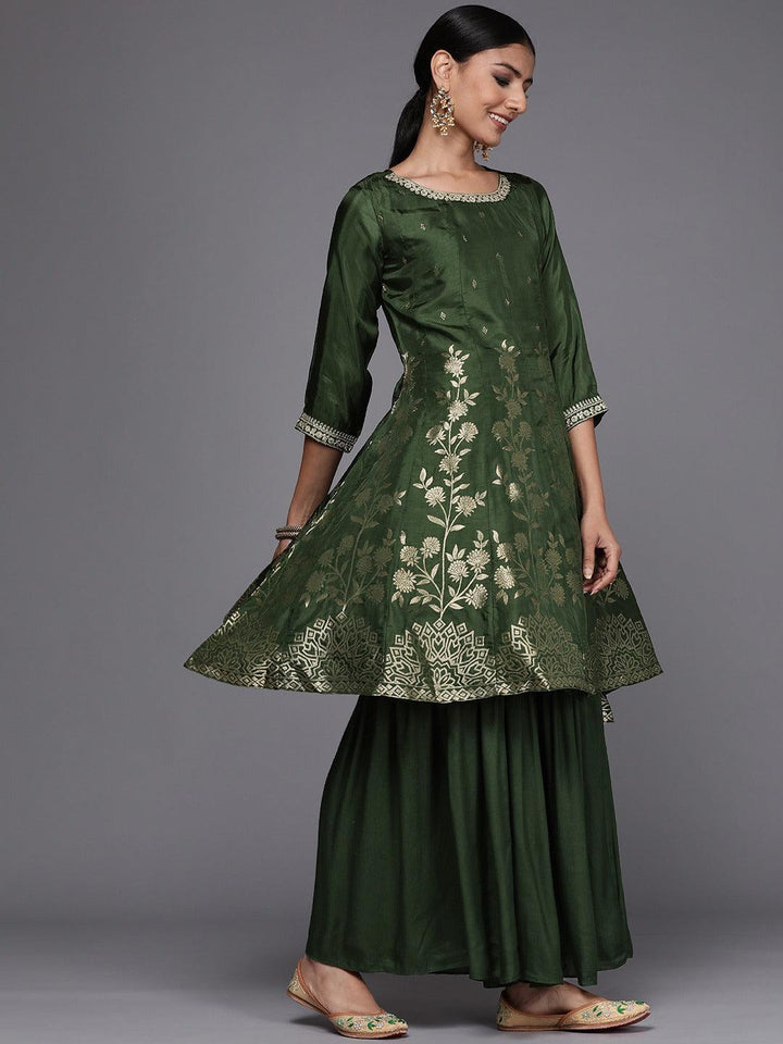 Green Brocade Silk Blend A-Line Suit Set - ShopLibas
