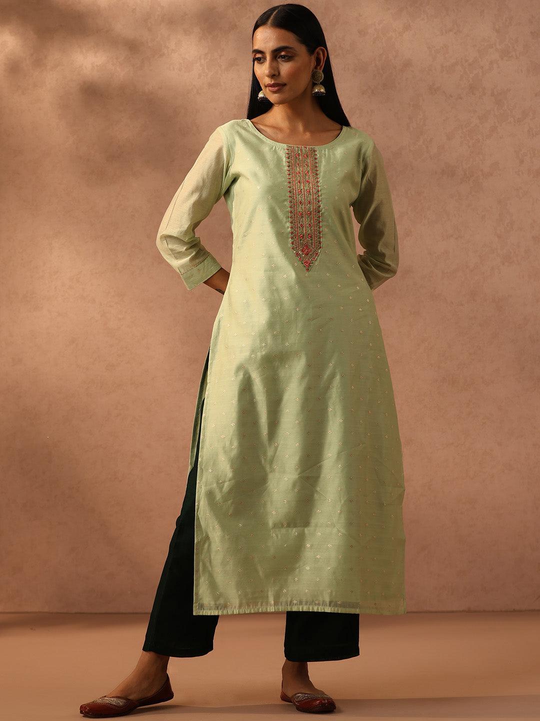 Green Embellished Chanderi Silk Straight Kurta - ShopLibas