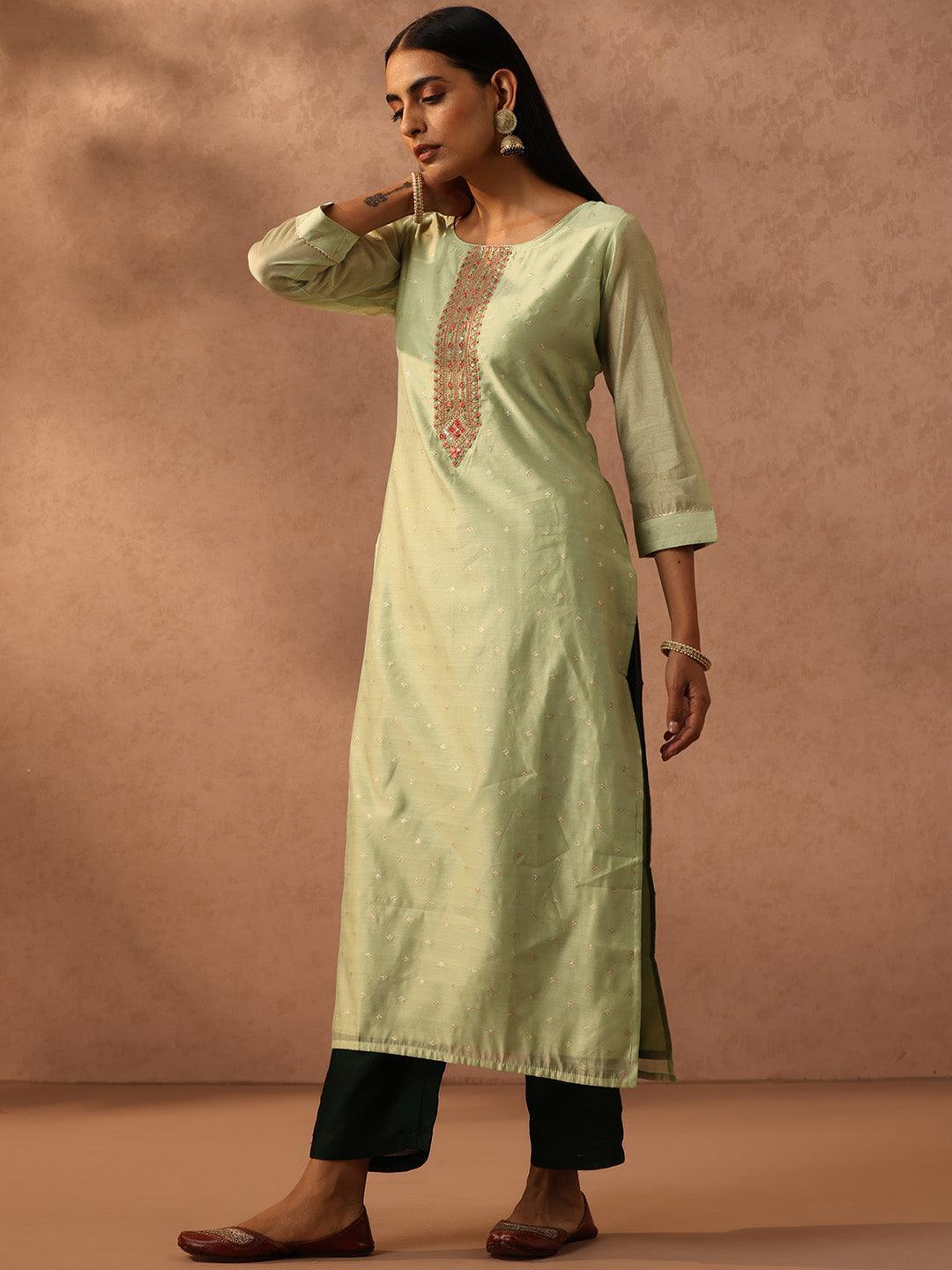 Green Embellished Chanderi Silk Straight Kurta - ShopLibas 