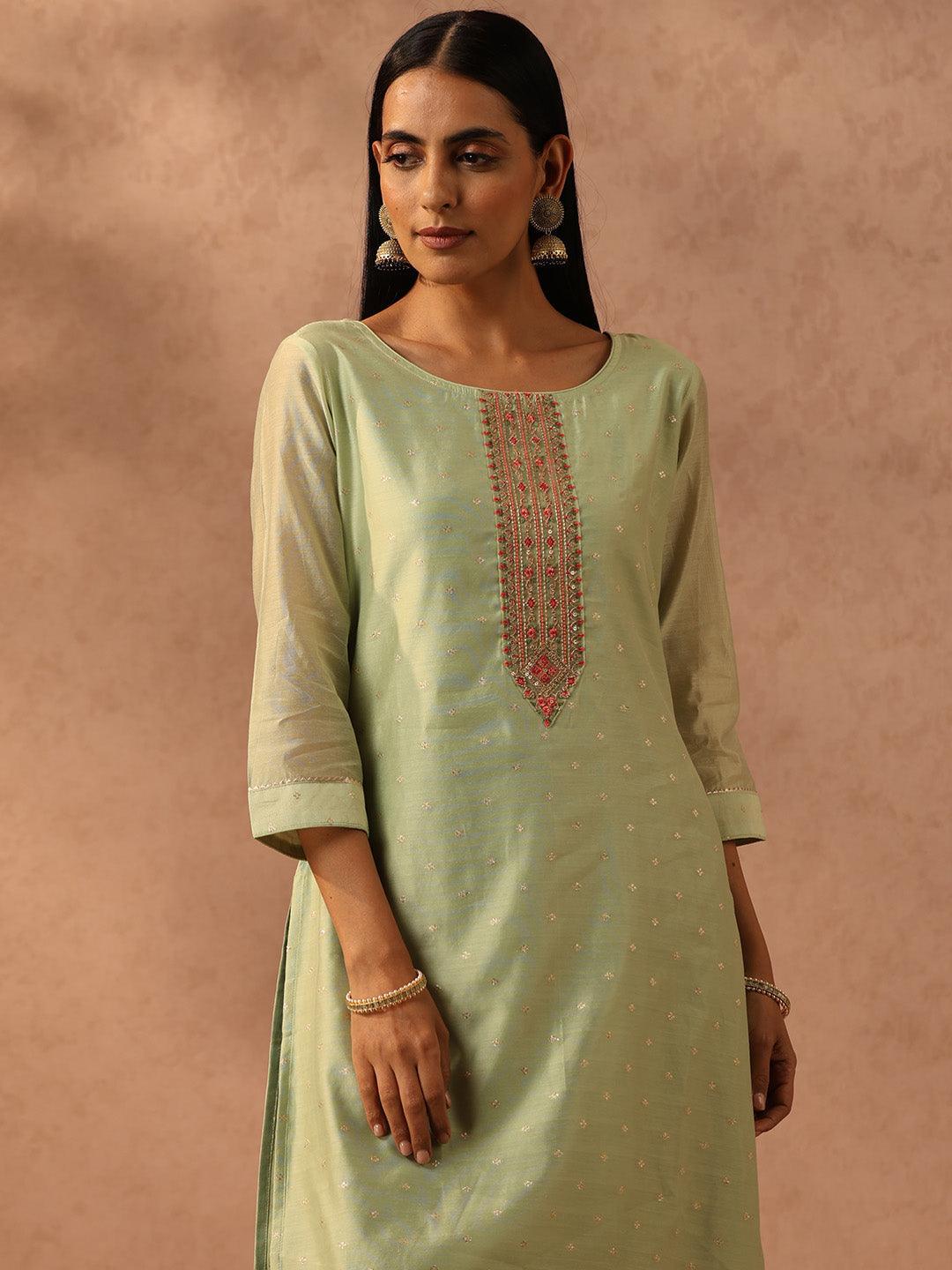 Green Embellished Chanderi Silk Straight Kurta - ShopLibas 