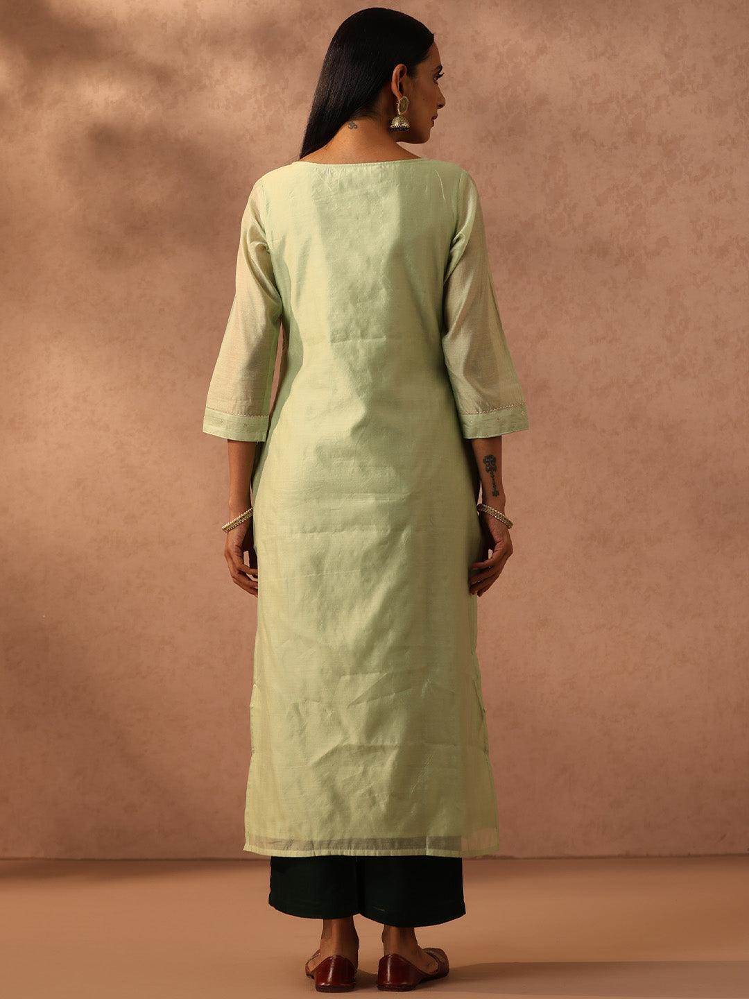 Green Embellished Chanderi Silk Straight Kurta - ShopLibas 