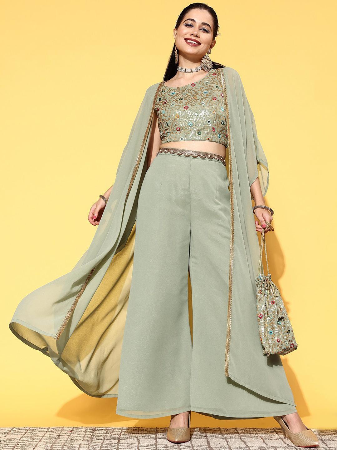 Green Embellished Georgette Co-Ords - ShopLibas