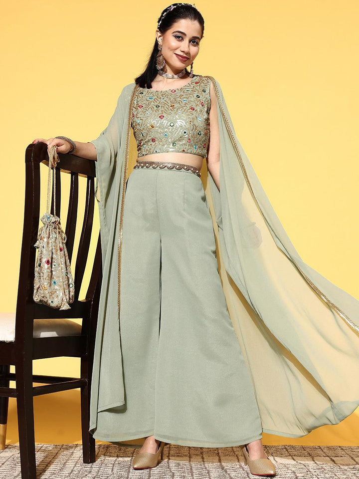 Green Embellished Georgette Co-Ords