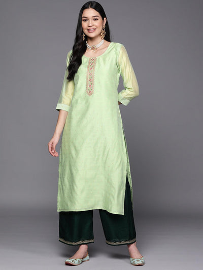 Green Embroidered Chanderi Silk Straight Kurta - ShopLibas