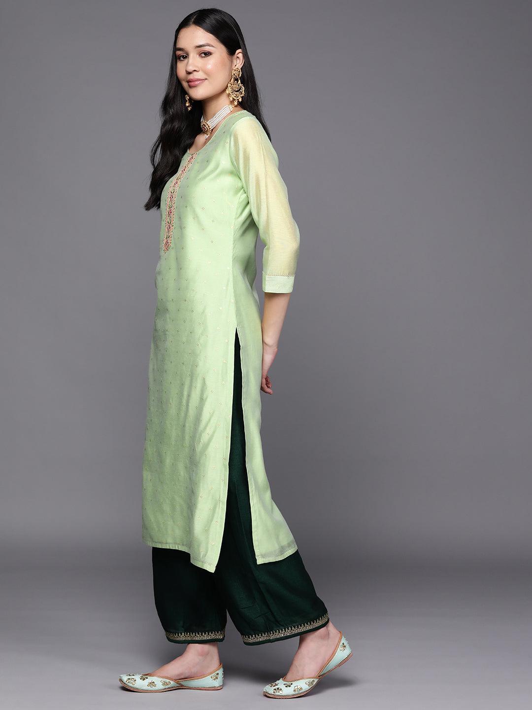 Green Embroidered Chanderi Silk Straight Kurta - ShopLibas 