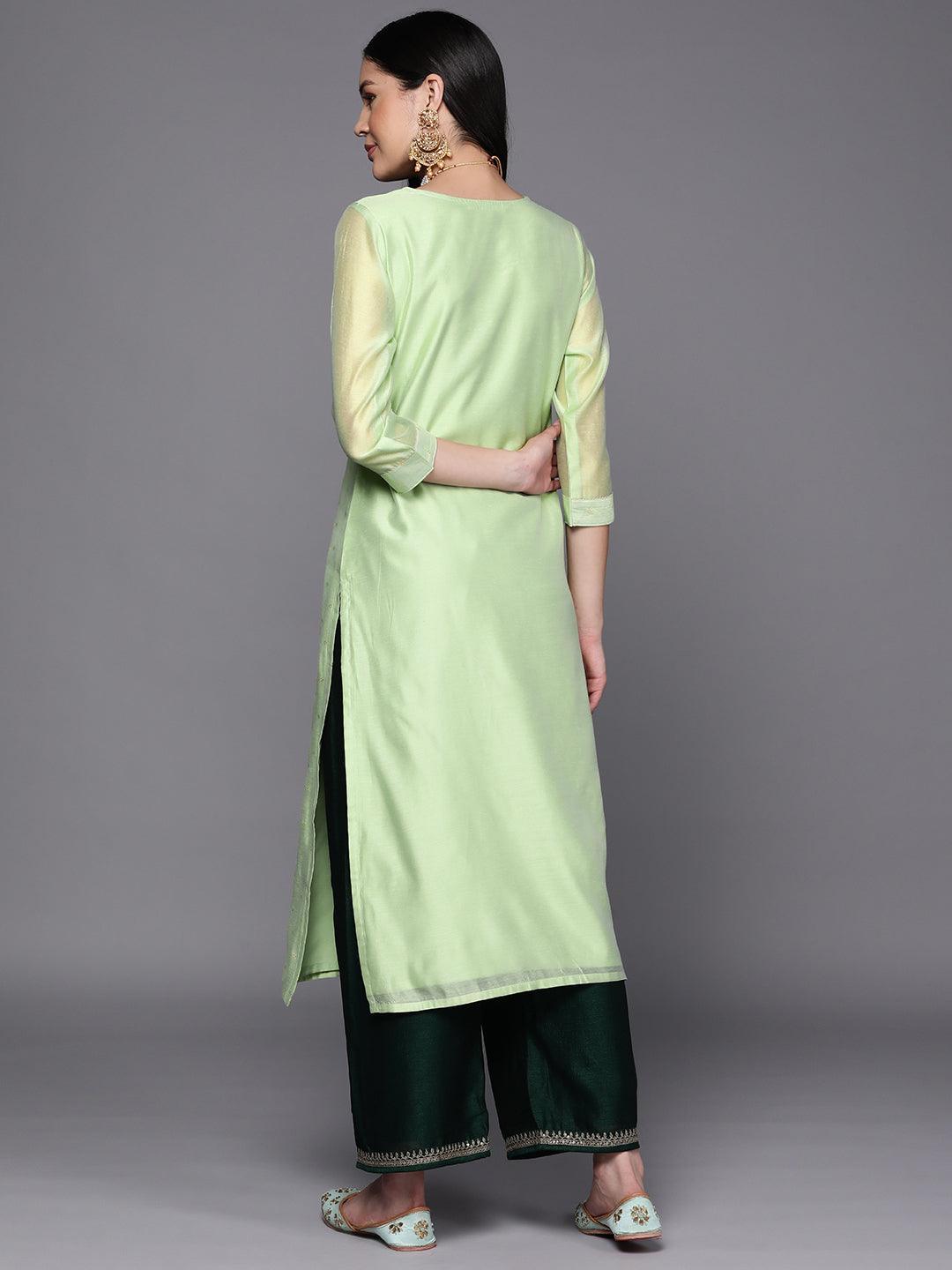 Green Embroidered Chanderi Silk Straight Kurta - ShopLibas 
