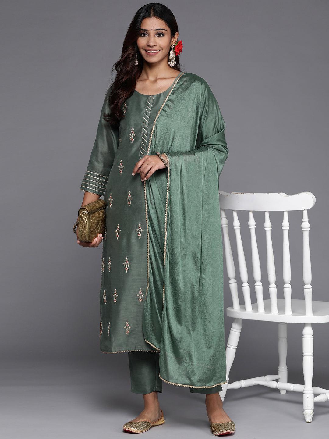Green Embroidered Chanderi Silk Straight Suit Set - ShopLibas 