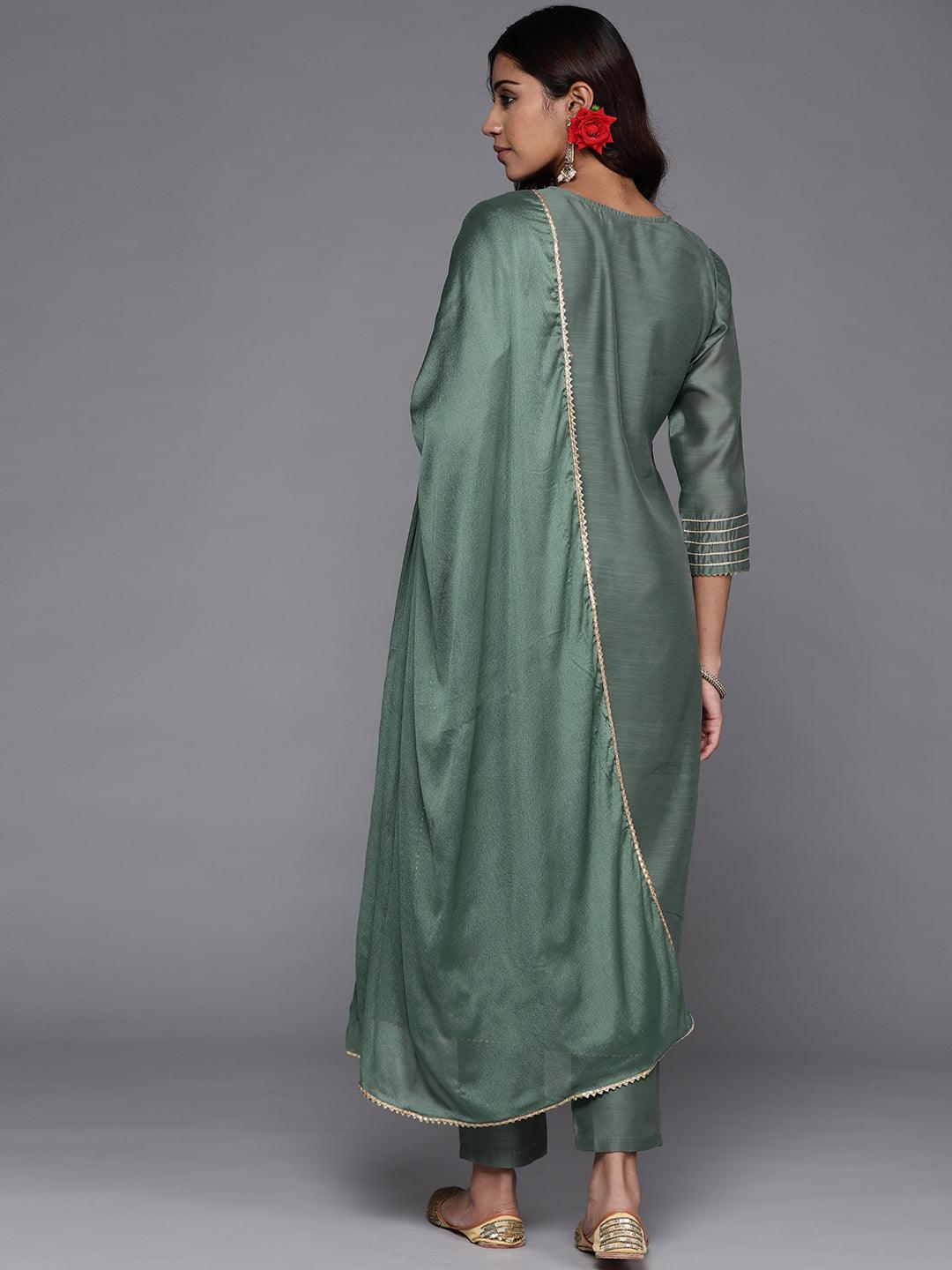 Green Embroidered Chanderi Silk Straight Suit Set - ShopLibas 