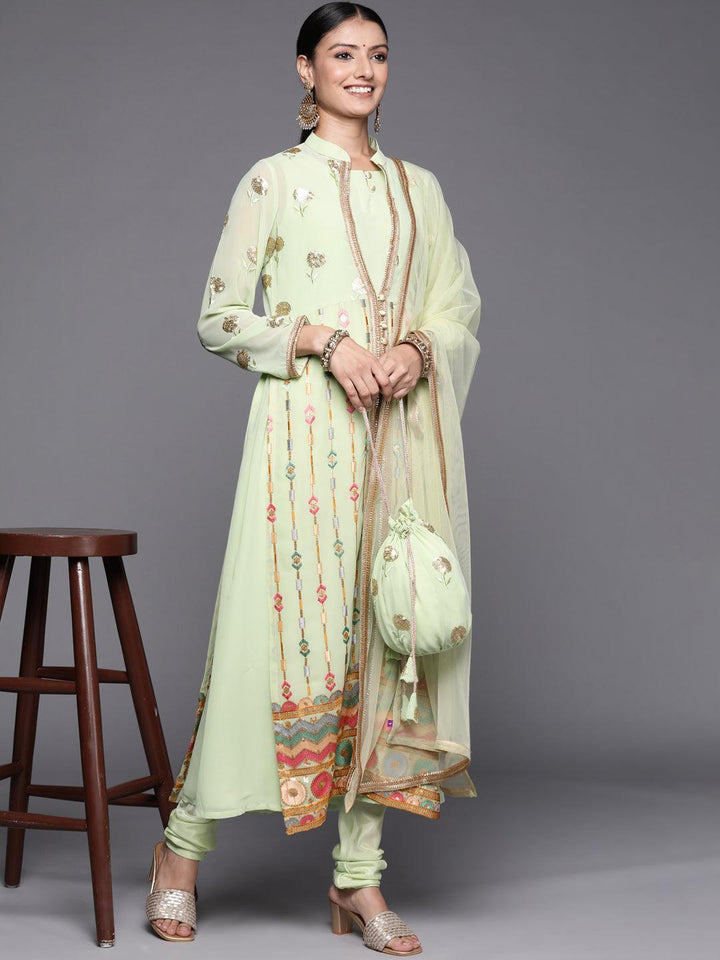Green Embroidered Georgette Pakistani Style Suit Set - ShopLibas