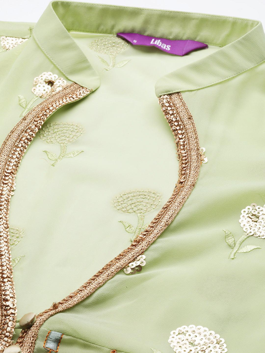 Green Embroidered Georgette Pakistani Style Suit Set - ShopLibas