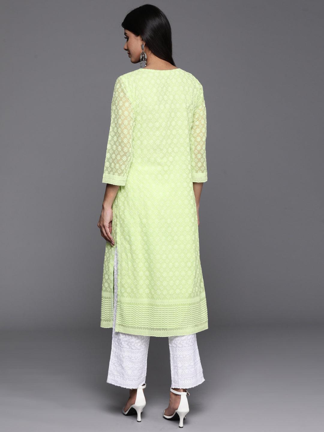 Green Embroidered Georgette Straight Kurta - Libas 