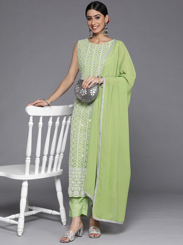 Green Embroidered Georgette Straight Suit Set With Trousers - Libas