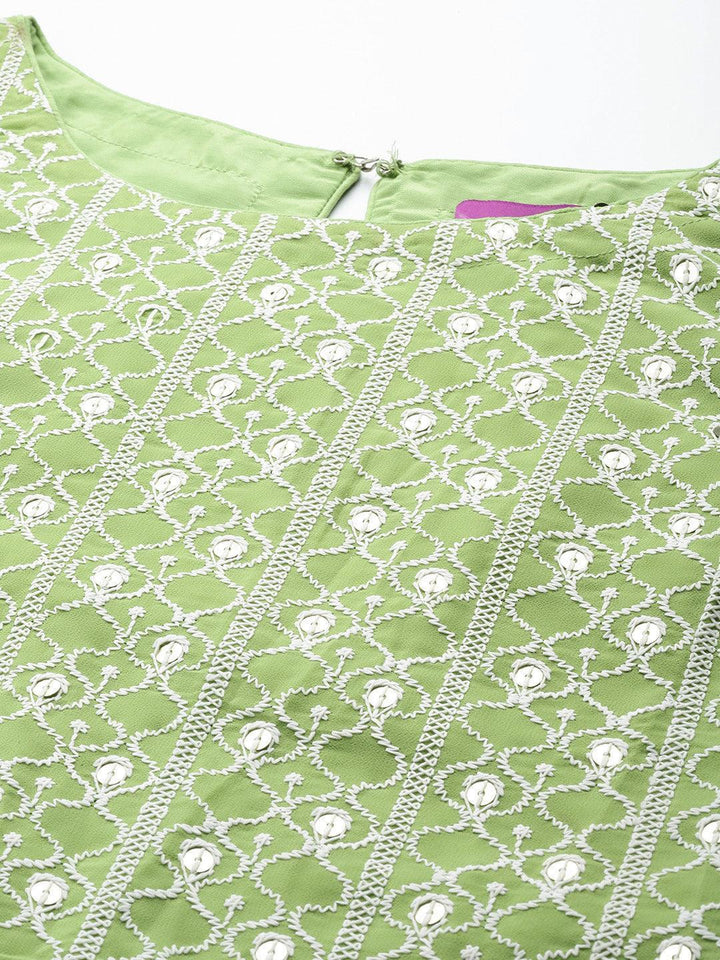 Green Embroidered Georgette Straight Suit Set With Trousers - Libas
