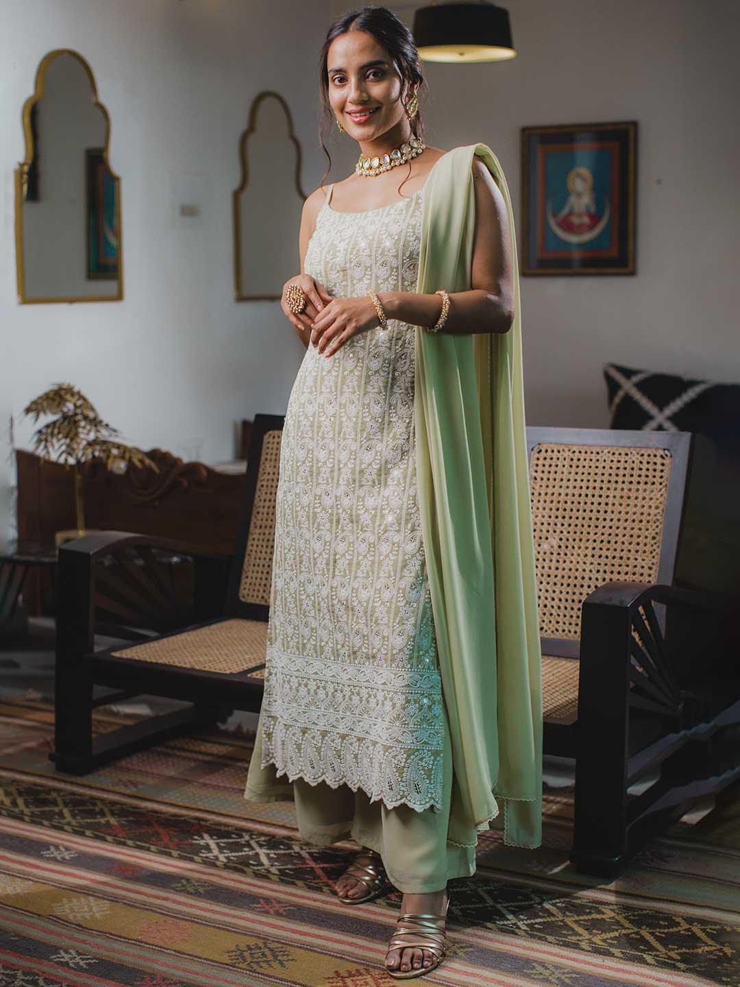 Green Embroidered Georgette Suit Set - ShopLibas