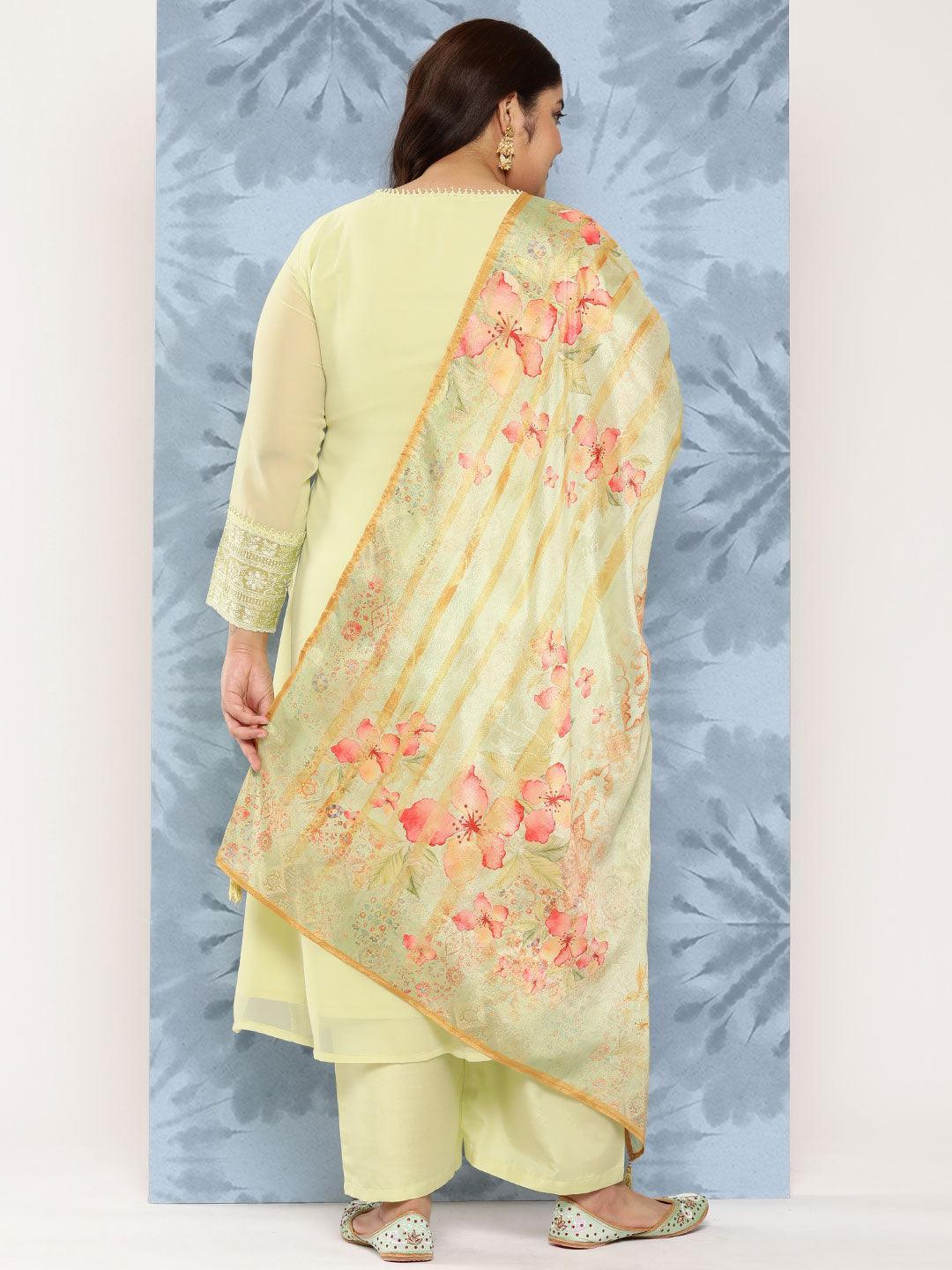 Green Embroidered Georgette Straight Kurta With Trousers and Dupatta - Libas 