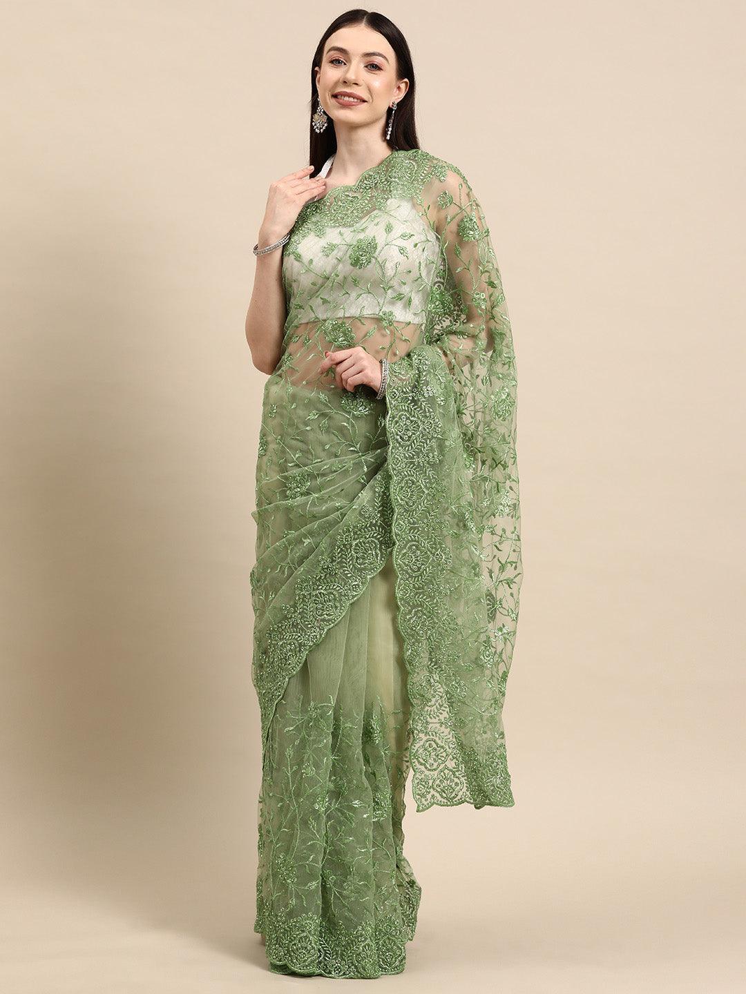 Buy Green Embroidered Net Saree Online at $52.00 | Libas