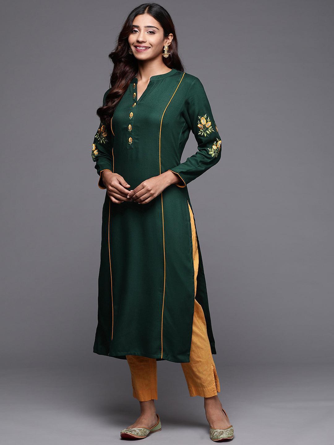 Green Embroidered Pashmina Wool Straight Kurta - Libas