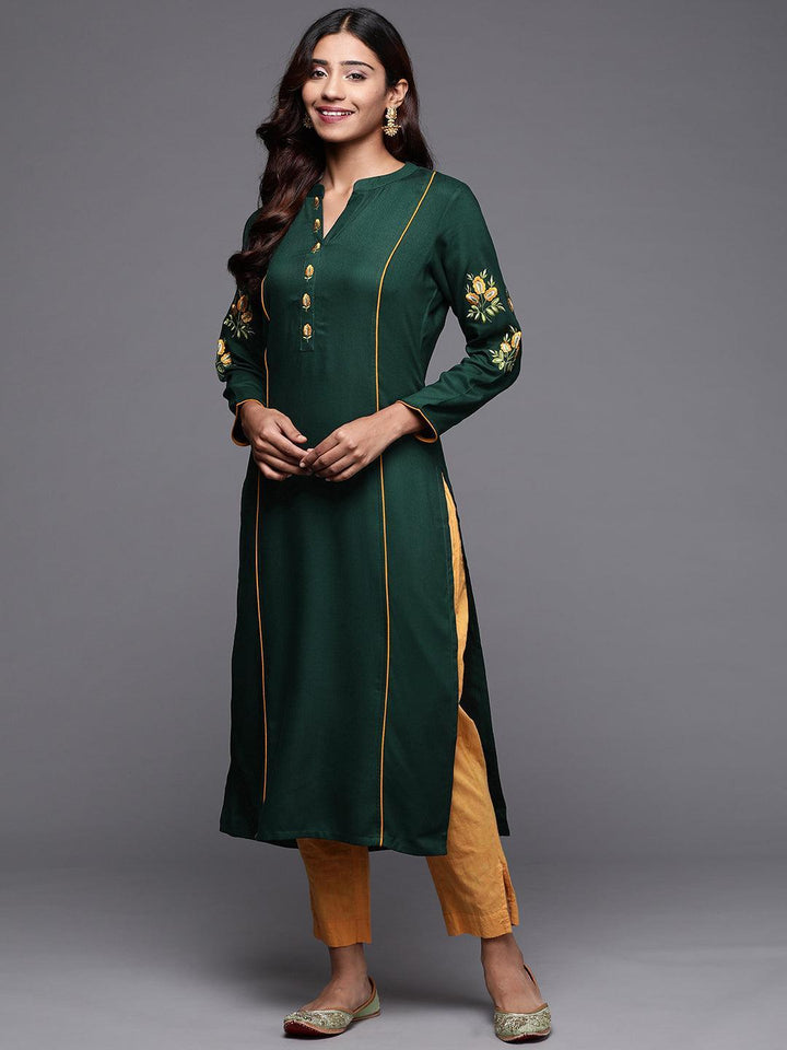 Green Embroidered Pashmina Wool Straight Kurta - Libas