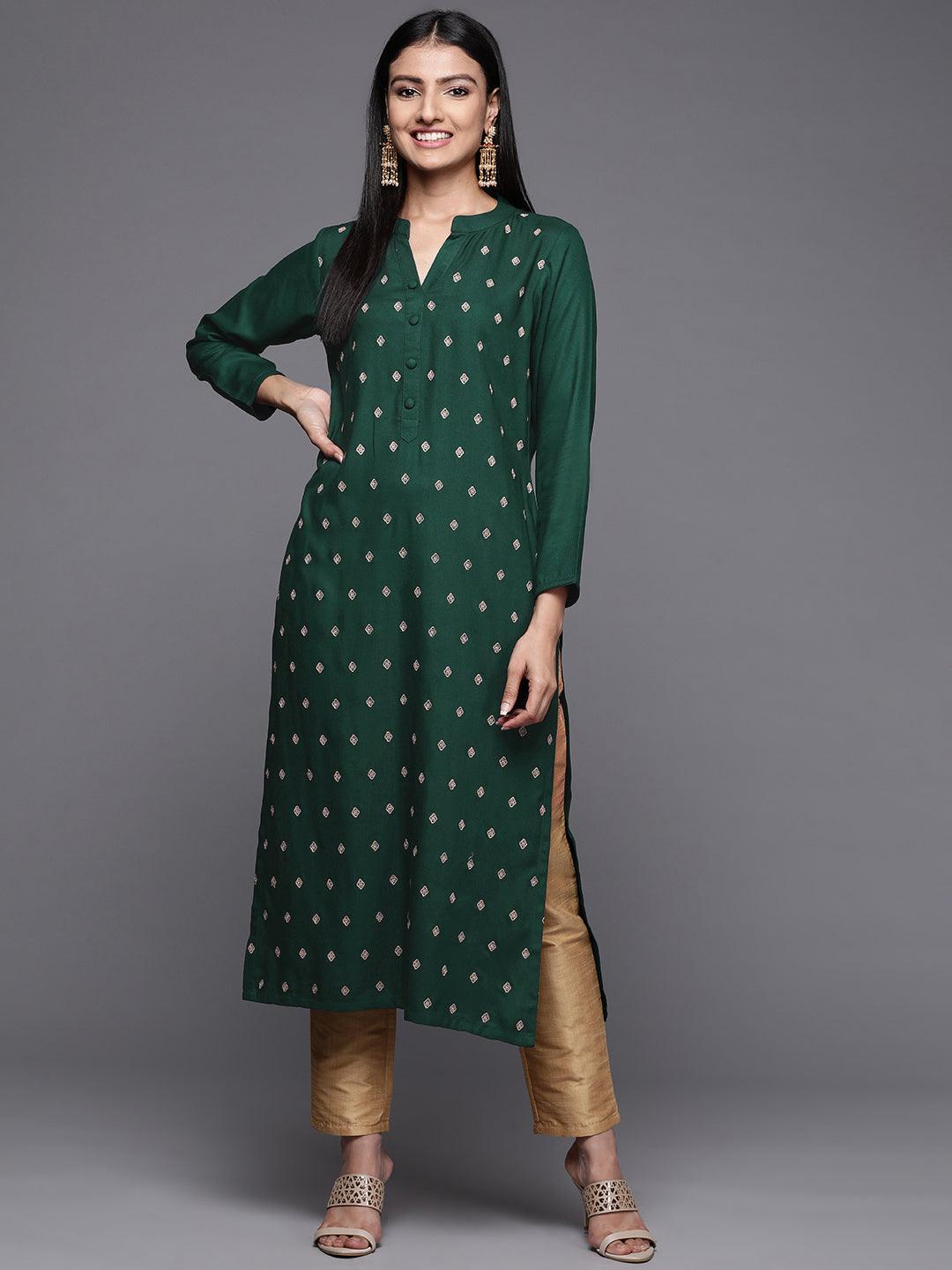 Green Embroidered Pashmina Wool Straight Kurta - Libas