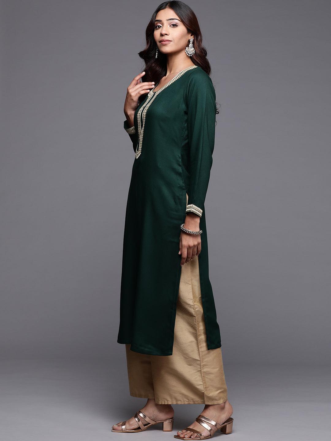 Green Embroidered Pashmina Wool Straight Kurta - Libas 