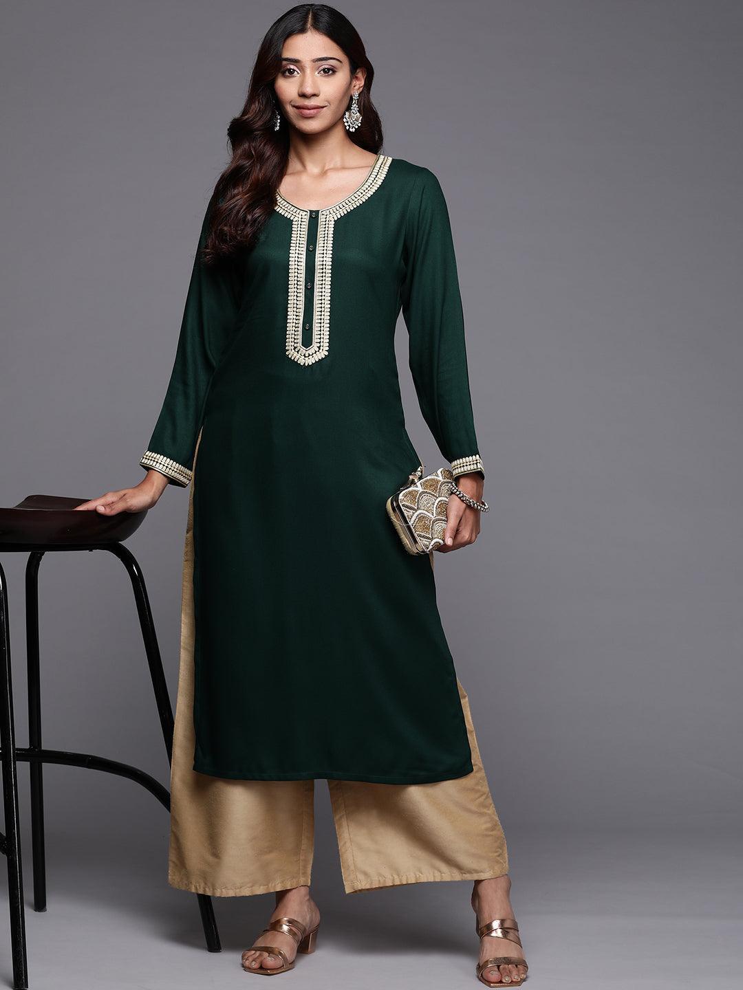 Green Embroidered Pashmina Wool Straight Kurta - Libas 