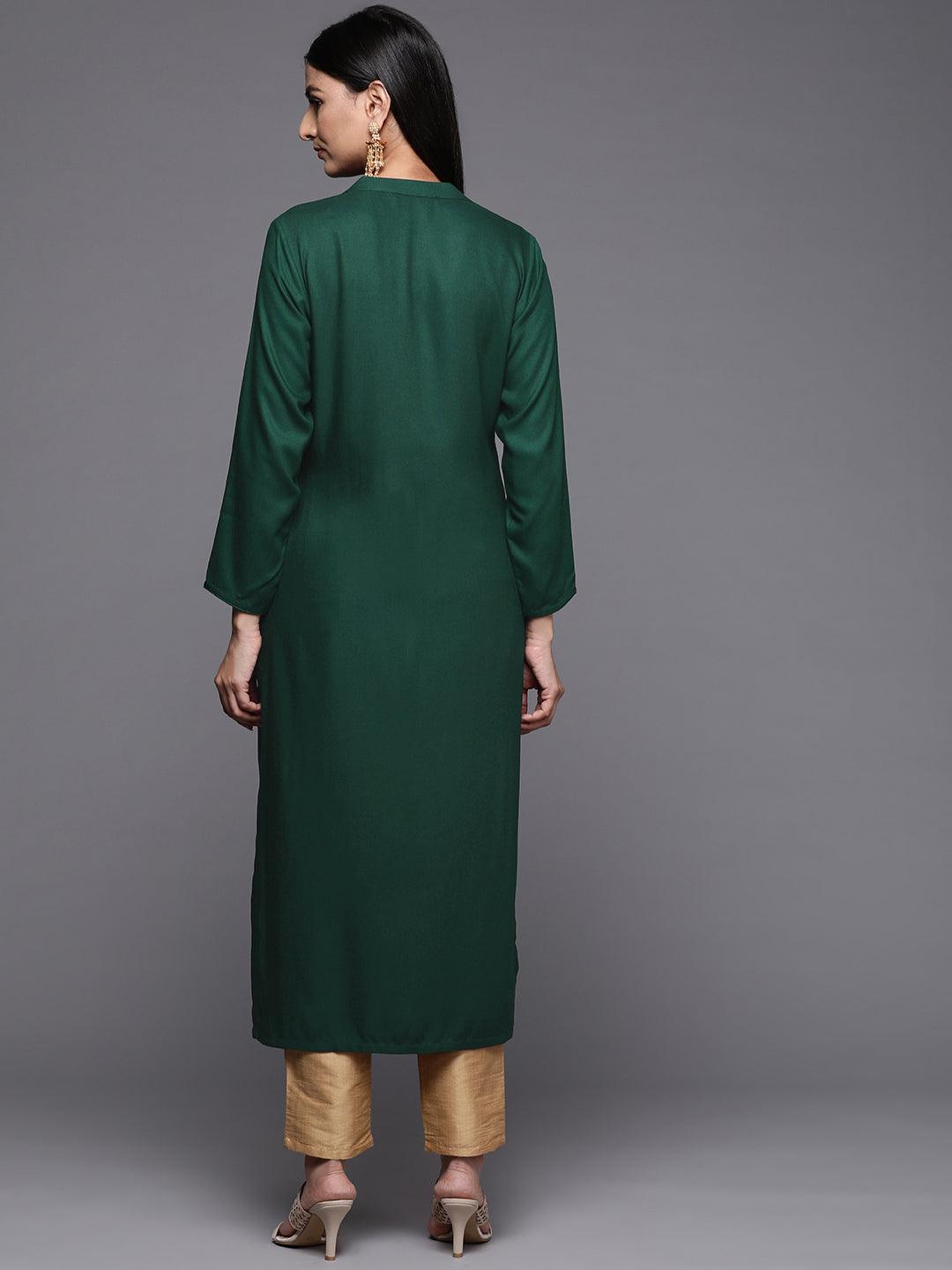 Green Embroidered Pashmina Wool Straight Kurta - Libas 