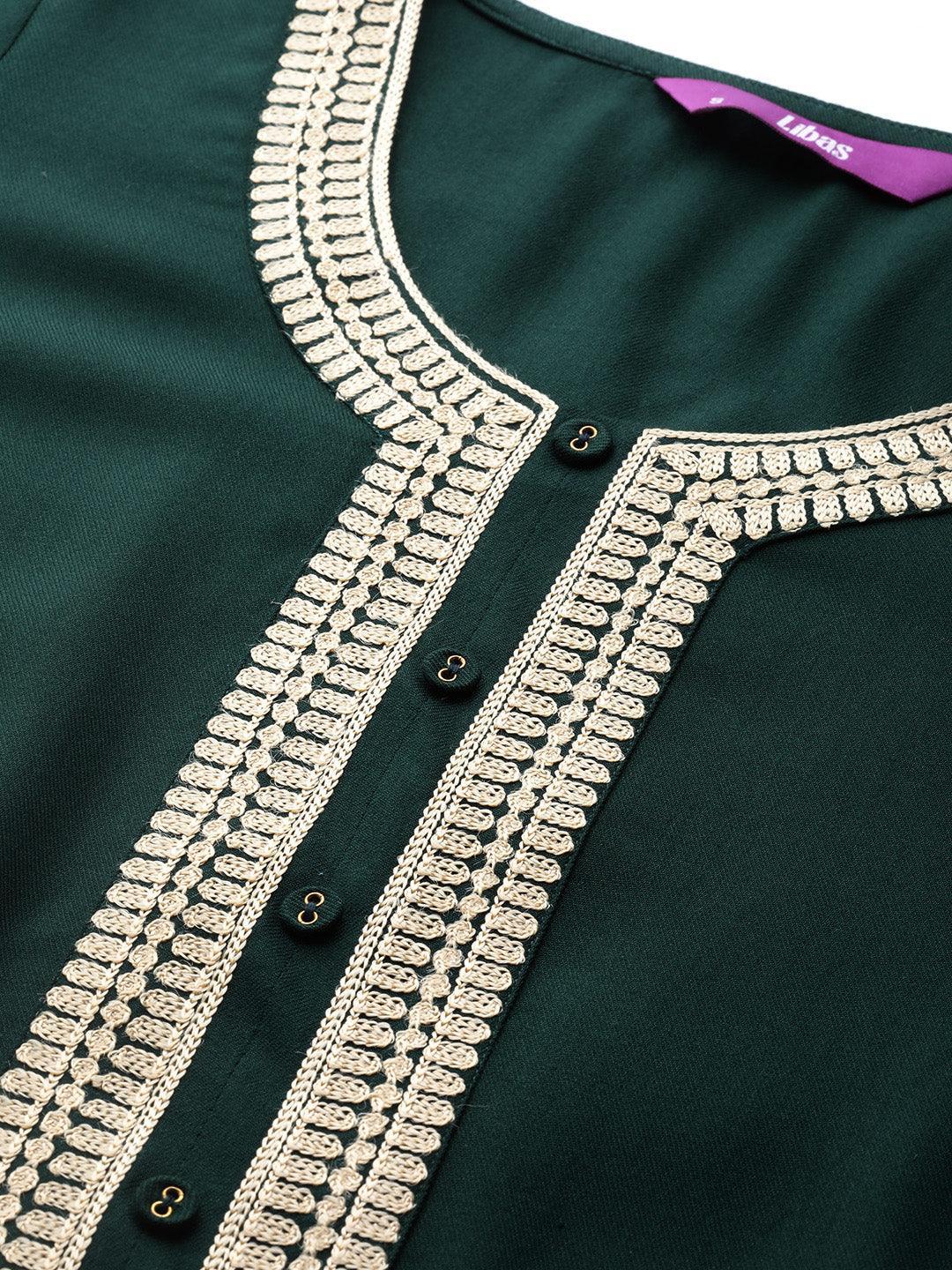 Green Embroidered Pashmina Wool Straight Kurta - Libas 