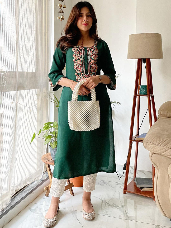 Green Embroidered Rayon Kurta - ShopLibas