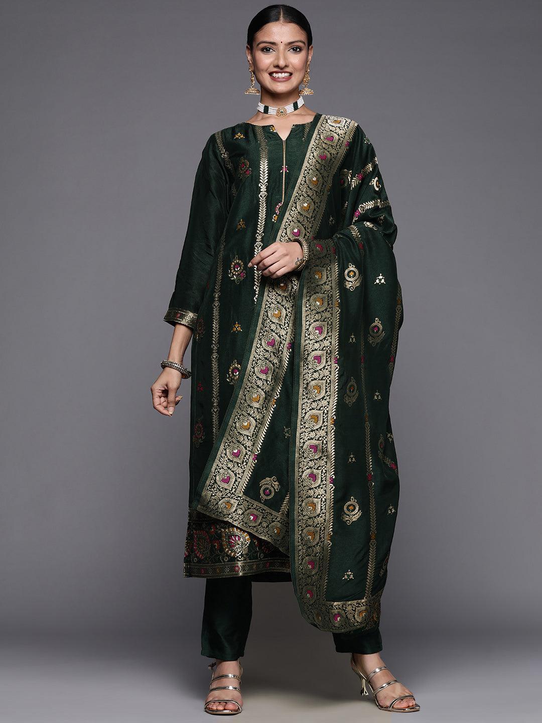 Green Embroidered Silk Blend Straight Suit Set - ShopLibas