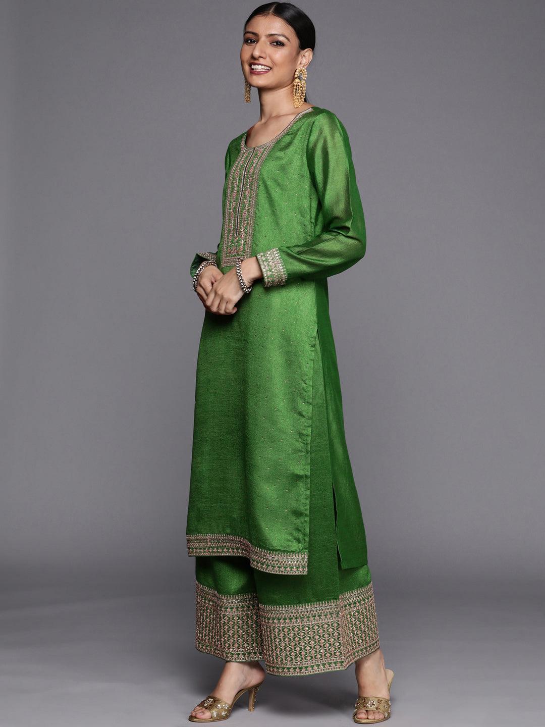 Green Embroidered Silk Blend Straight Suit Set - ShopLibas 