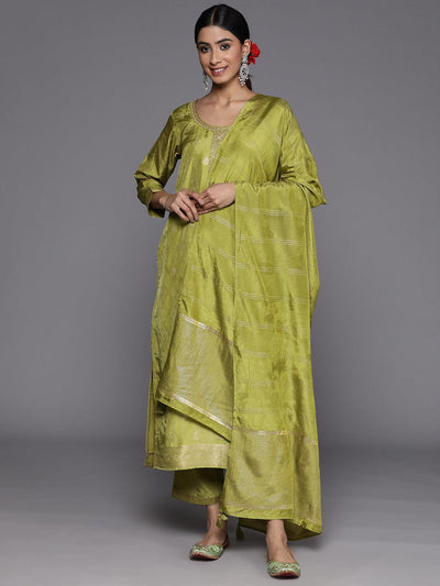 Green Embroidered Silk Blend Suit Set With Trousers - ShopLibas