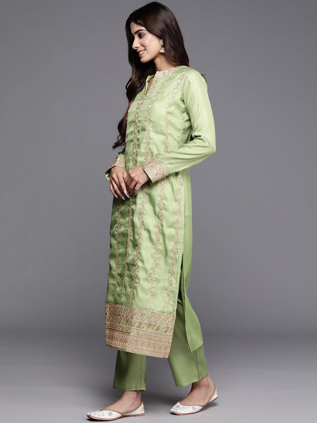 Green Embroidered Silk Blend Straight Kurta With Trousers & Dupatta - Libas 