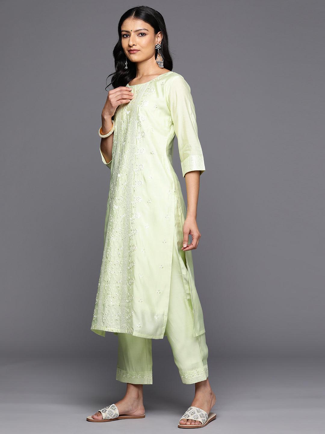 Green Embroidered Silk Blend Straight Kurta With Trousers & Dupatta - Libas 