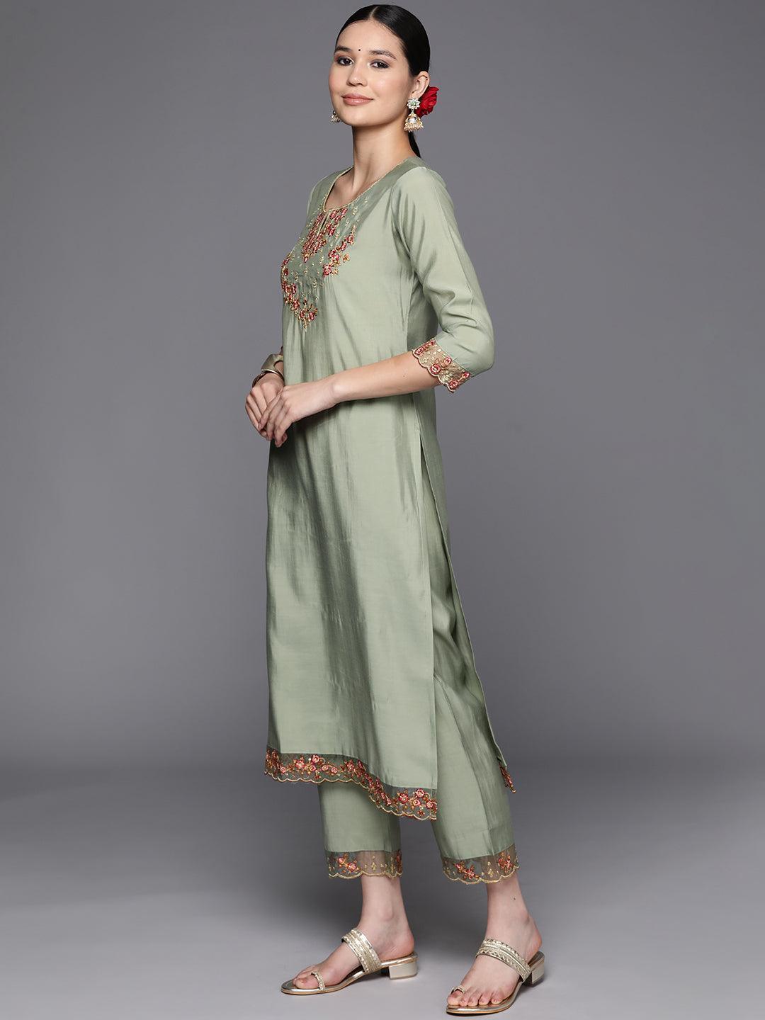 Green Embroidered Silk Blend Straight Kurta With Trousers & Dupatta - Libas 