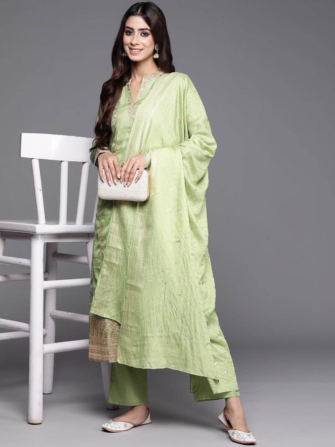 Green Embroidered Silk Blend Straight Kurta With Trousers & Dupatta - Libas 