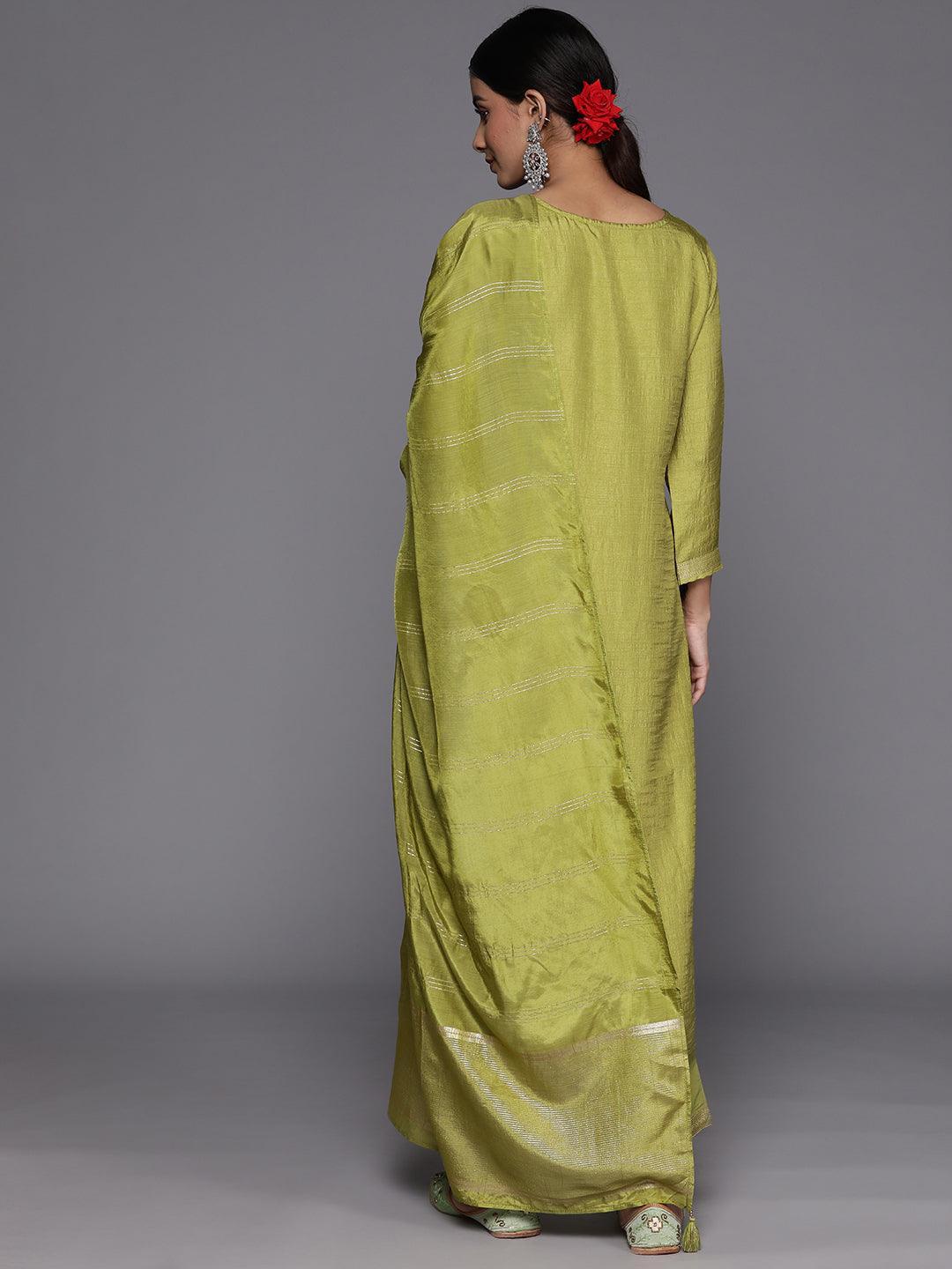 Green Embroidered Silk Blend Suit Set With Trousers - ShopLibas 