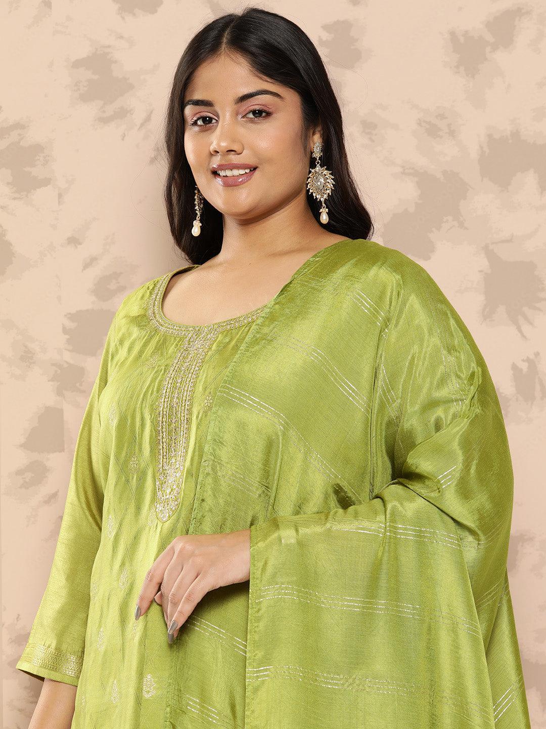 Green Embroidered Silk Blend Straight Kurta With Trousers and Dupatta - Libas 