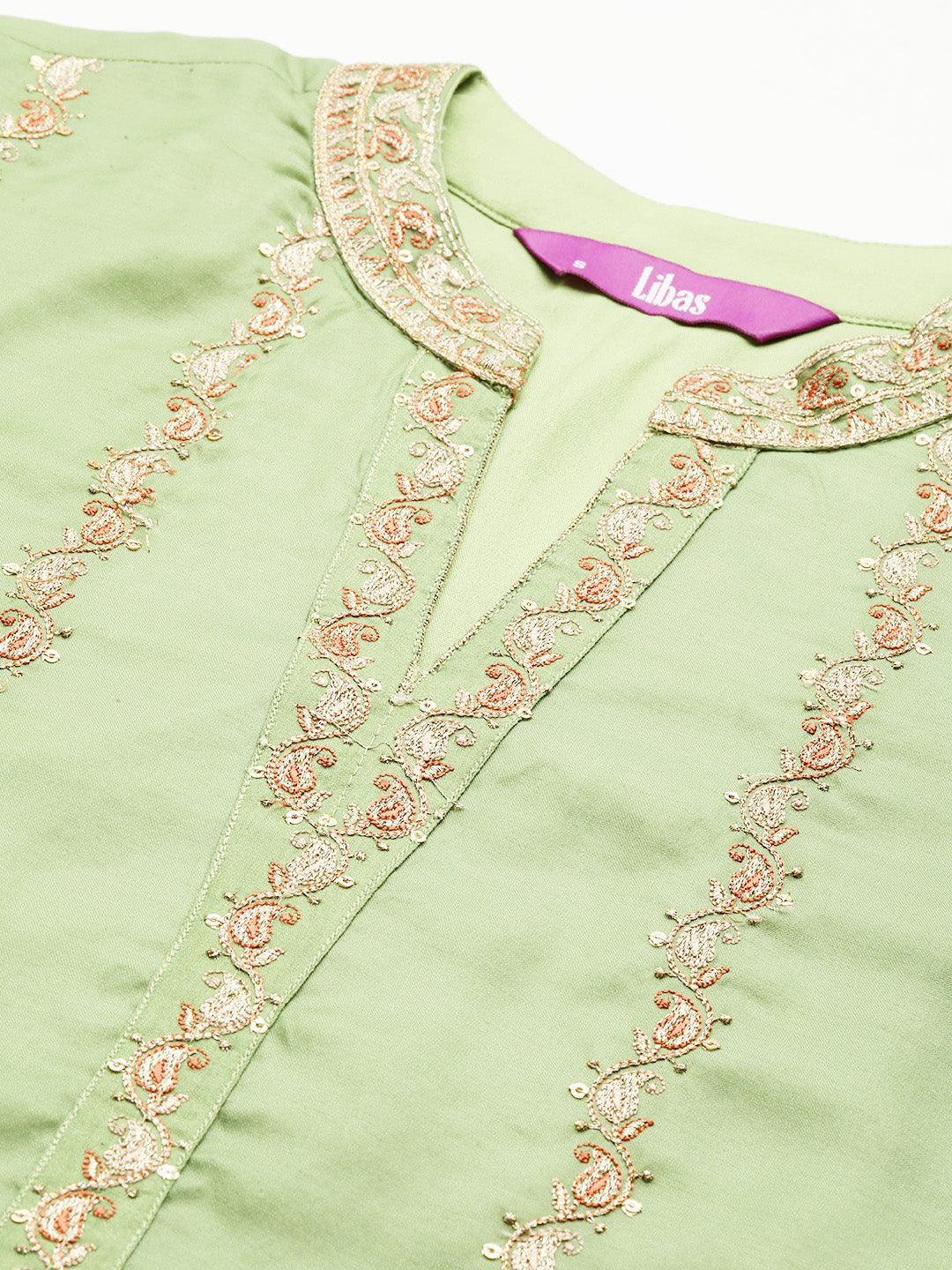 Green Embroidered Silk Blend Straight Kurta With Trousers & Dupatta - Libas 