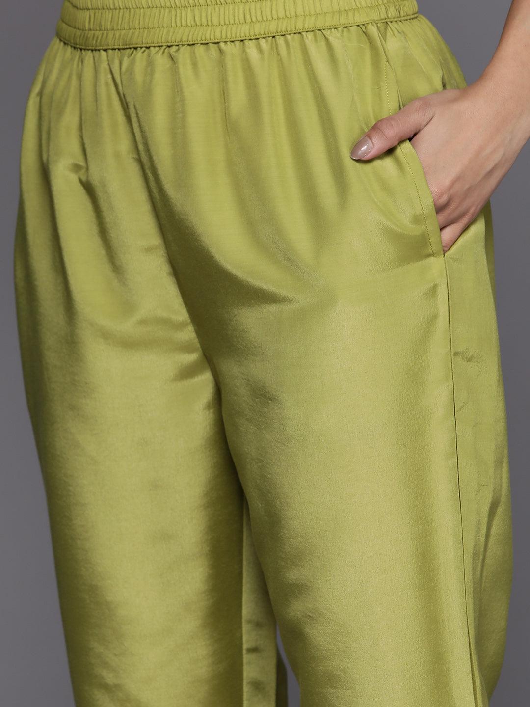 Green Embroidered Silk Blend Suit Set With Trousers - ShopLibas 